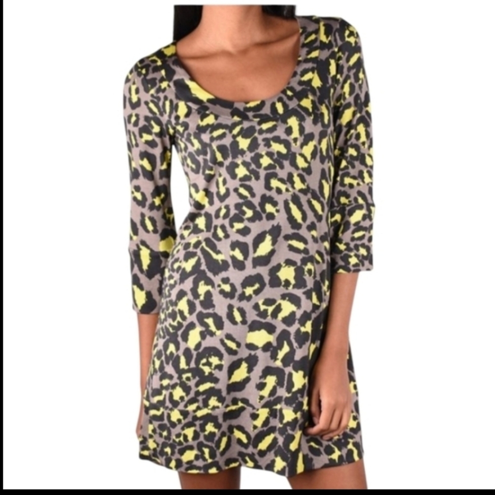 Diane Von Furstenberg Y2K silk Laetitia Dress black/ yellow Leopard Mini sz 8